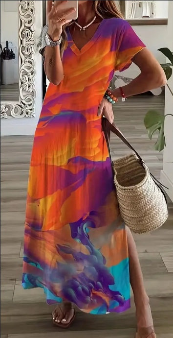 Robe fendue sur le côté à imprimé floral, robe décontractée à manches courtes et col en V, vêtements pour femmes