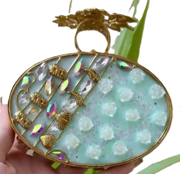 Turkish Handmade Clutch Bag – Crystal Embellished Evening Purse with Gold Floral Design, Beaded Tassel | Luxury Gift Bag for Weddings, Parties & Bridal Events