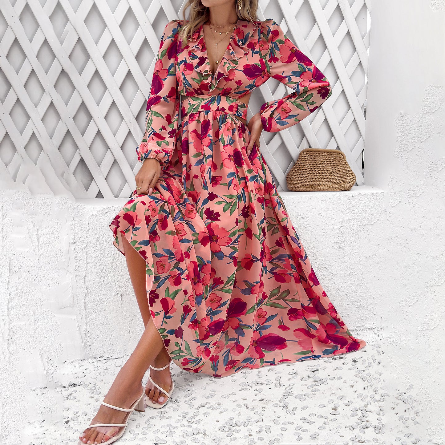 Robe à manches longues à imprimé floral tendance, décontractée, vacances, taille serrée, col en V, vêtements pour femmes