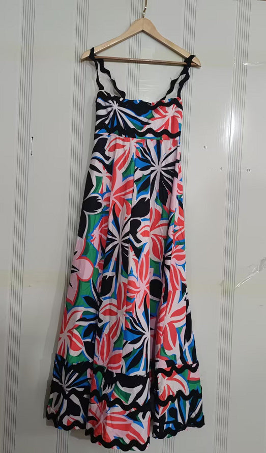 Robe longue à bretelles à motif ondulé à imprimé floral pour femmes, robes de plage à la mode, ligne A, vêtements pour femmes