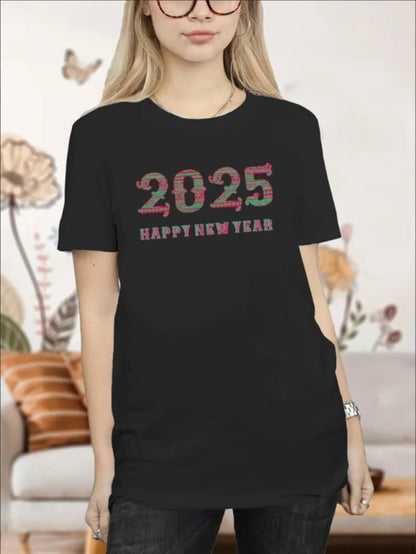 Girls' 2025 New Year Graphic Tee - Casual Crew Neck,  Machine Washable - Perfect For Summer Sports & Fashion