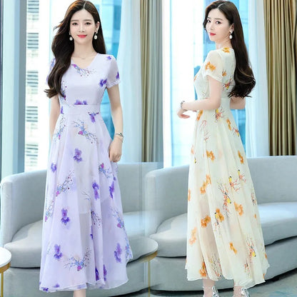 Short Sleeve V-neck Mid-length Dress Women's Waist Slimming Temperament Floral Skirt A-line Skirt Fashion