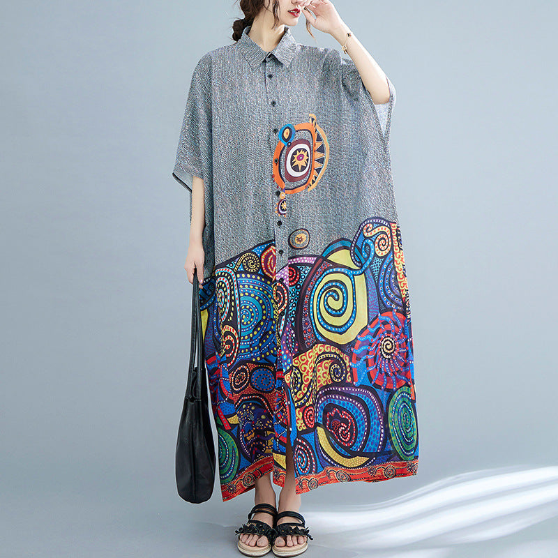 Summer New Artistic Large Size Printed Shirt Dress