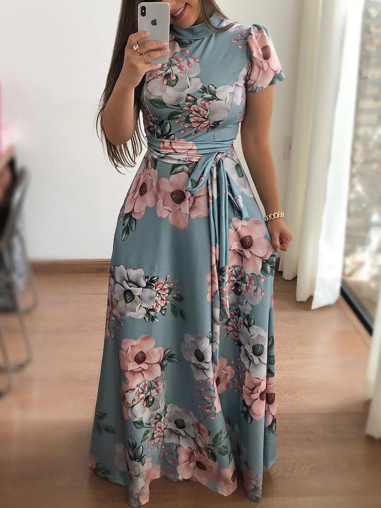 Hot autumn new European and American style flower print short sleeve big swing dress women's clothing