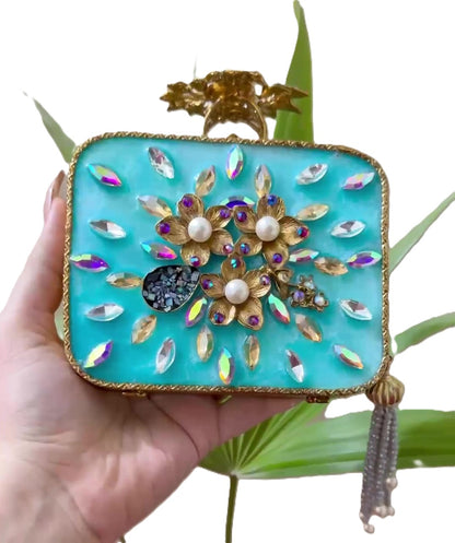 Turkish Style Luxury Handcrafted Clutch – Floral Embellished Square Bag with Beaded Tassel
