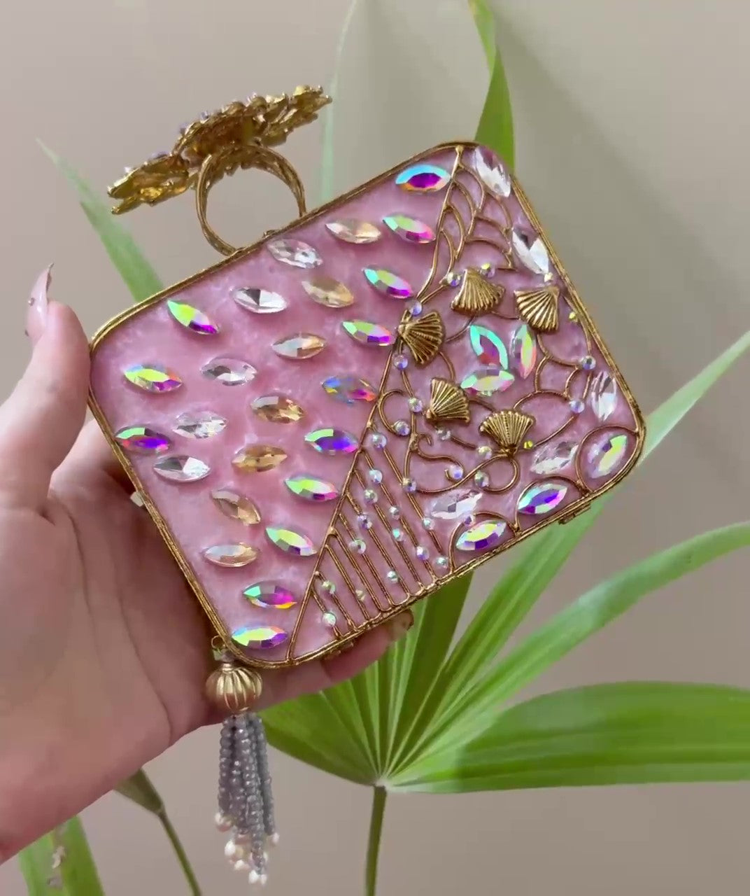 Turkish Style Luxury Handcrafted Clutch – Floral Embellished Square Bag with Beaded Tassel