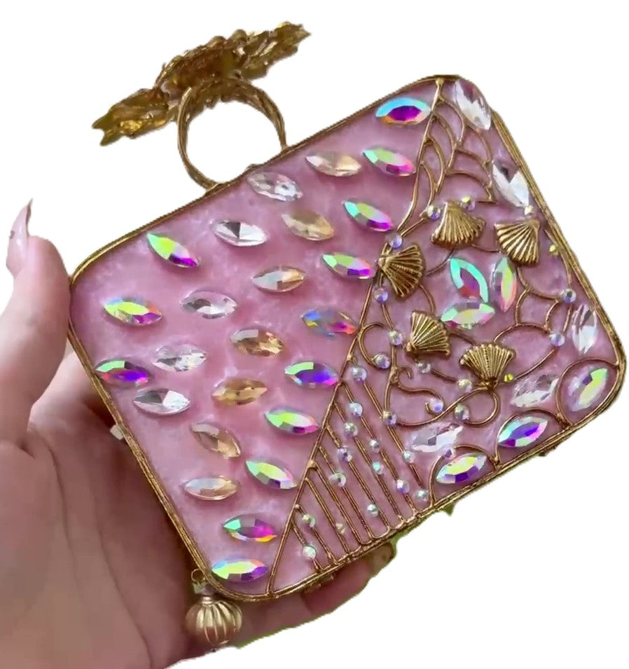 Turkish Style Luxury Handcrafted Clutch – Floral Embellished Square Bag with Beaded Tassel