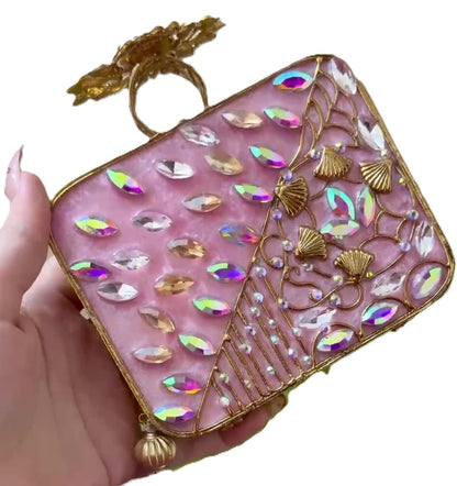 Turkish Style Luxury Handcrafted Clutch – Floral Embellished Square Bag with Beaded Tassel