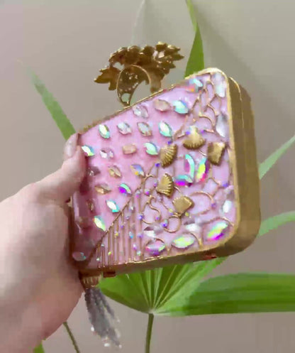 Turkish Style Luxury Handcrafted Clutch – Floral Embellished Square Bag with Beaded Tassel