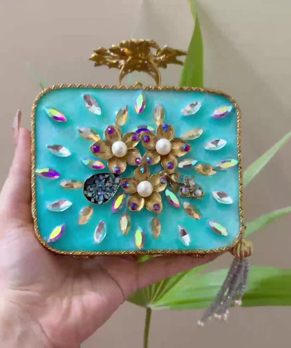 Turkish Style Luxury Handcrafted Clutch – Floral Embellished Square Bag with Beaded Tassel