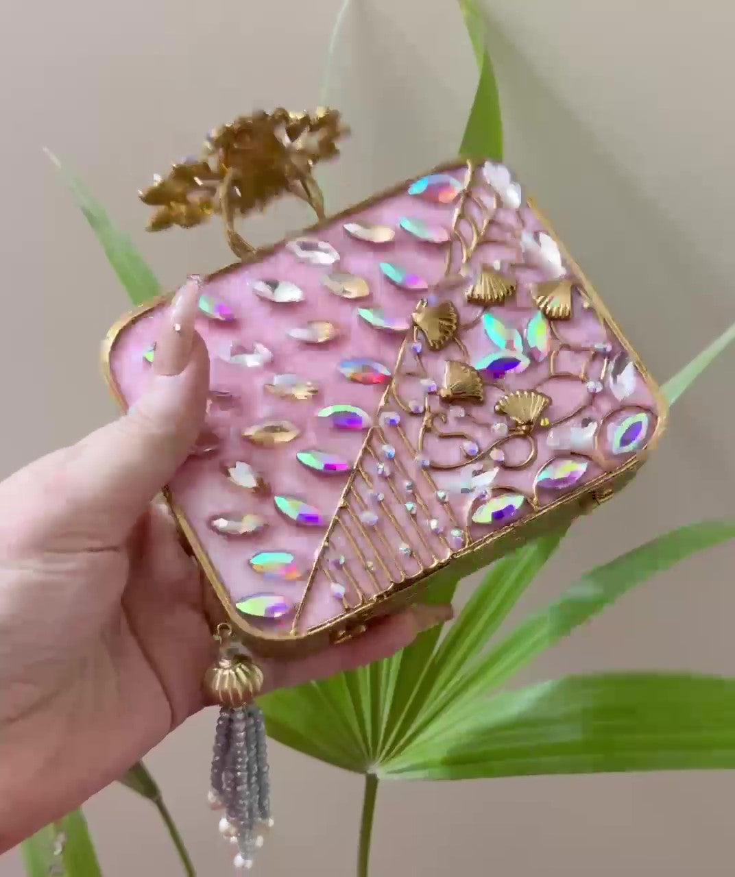 Turkish Style Luxury Handcrafted Clutch – Floral Embellished Square Bag with Beaded Tassel