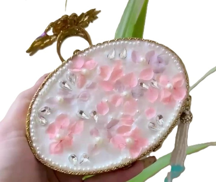 Turkish Handmade Clutch Bag – Crystal Embellished Evening Purse with Gold Floral Design, Beaded Tassel | Luxury Gift Bag for Weddings, Parties & Bridal Events