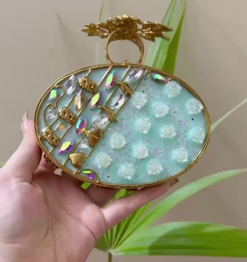 Turkish Handmade Clutch Bag – Crystal Embellished Evening Purse with Gold Floral Design, Beaded Tassel | Luxury Gift Bag for Weddings, Parties & Bridal Events