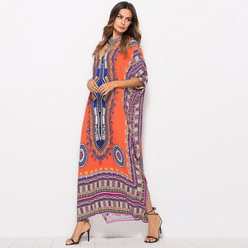 Spring And Summer Women's Dresses Plus Size Hot Sale South American Style Printing Casual Fashion Dress Robe Beach Skirt