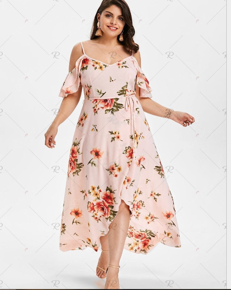 Plus Size Women's Clothing Sling Print Off-The-Shoulder Dress Fat Mm Long Skirt