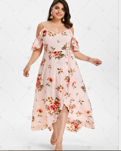 Plus Size Women's Clothing Sling Print Off-The-Shoulder Dress Fat Mm Long Skirt