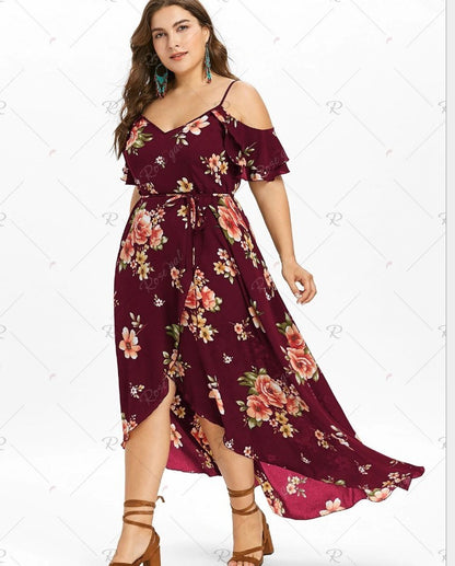 Plus Size Women's Clothing Sling Print Off-The-Shoulder Dress Fat Mm Long Skirt