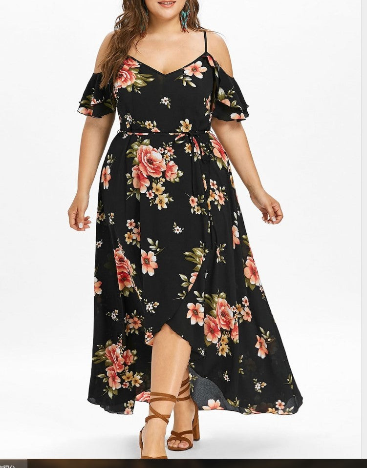 Plus Size Women's Clothing Sling Print Off-The-Shoulder Dress Fat Mm Long Skirt