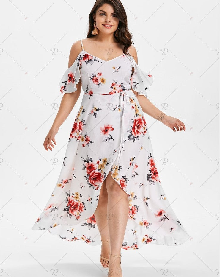 Plus Size Women's Clothing Sling Print Off-The-Shoulder Dress Fat Mm Long Skirt