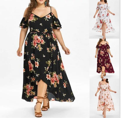 Plus Size Women's Clothing Sling Print Off-The-Shoulder Dress Fat Mm Long Skirt