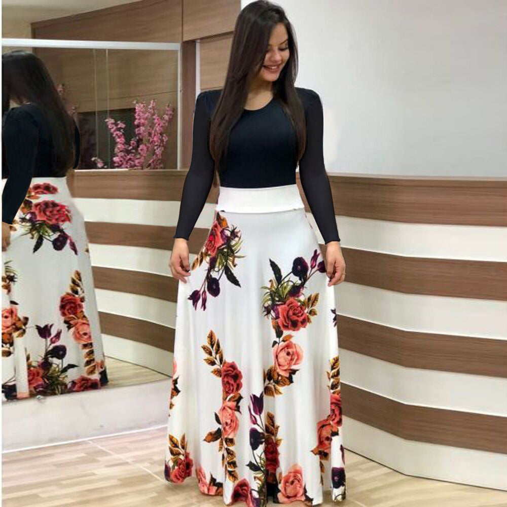 Flower Print Color Matching Long Sleeved Dress Women's Clothing