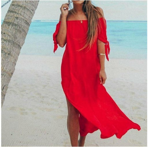 Summer Plus Size Women's Beachwear Long Top Off-The-Shoulder Swimsuit Dress