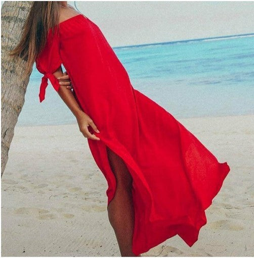 Summer Plus Size Women's Beachwear Long Top Off-The-Shoulder Swimsuit Dress