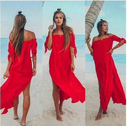 Summer Plus Size Women's Beachwear Long Top Off-The-Shoulder Swimsuit Dress