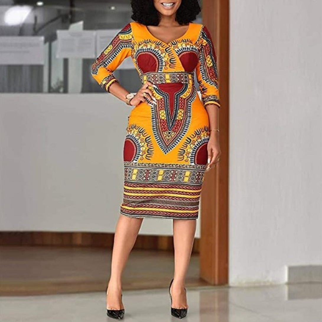 Summer V-neck 34 Sleeves Printed Slim-fit Sheath Dress European And American Large Size Fashion Women's Wear African Ethnic Style Dress