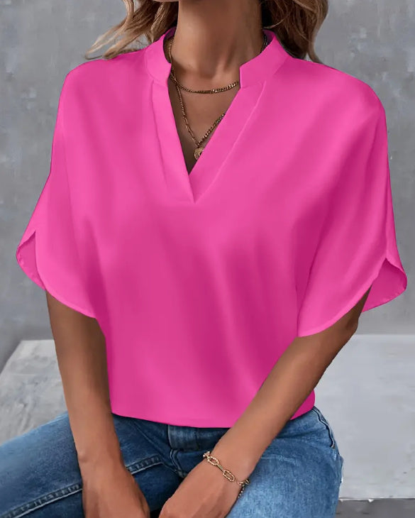 Lightweight Solid Colour Notch Neck Blouse - Stylish Short Split Sleeves For Spring & Summer - Trendy Women's Casual Top