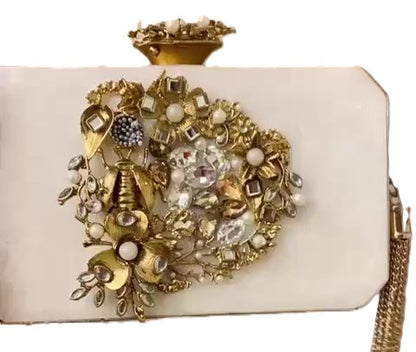 Turkish Handmade Clutch Bag – Crystal Embellished Evening Purse with Gold Floral Design, Beaded Tassel | Luxury Gift Bag for Weddings, Parties & Bridal Events