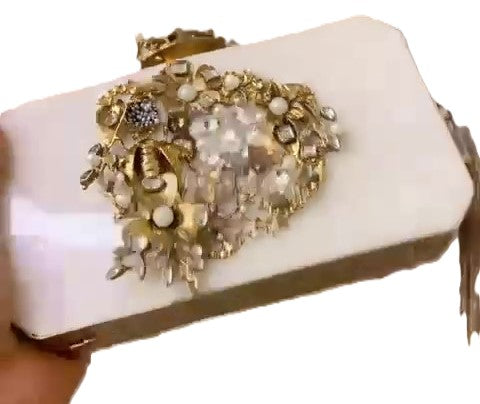 Turkish Handmade Clutch Bag – Crystal Embellished Evening Purse with Gold Floral Design, Beaded Tassel | Luxury Gift Bag for Weddings, Parties & Bridal Events