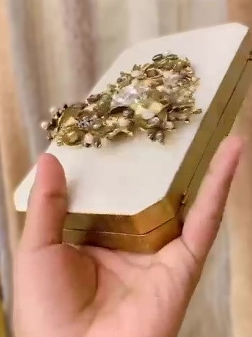 Turkish Handmade Clutch Bag – Crystal Embellished Evening Purse with Gold Floral Design, Beaded Tassel | Luxury Gift Bag for Weddings, Parties & Bridal Events