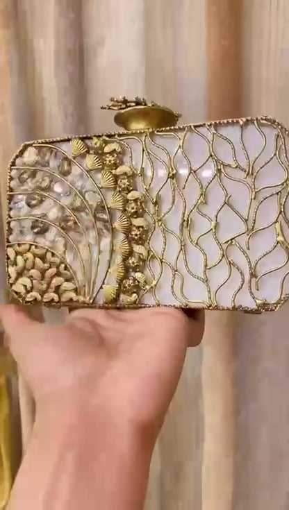 Turkish Handmade Clutch Bag – Crystal Embellished Evening Purse with Gold Floral Design, Beaded Tassel | Luxury Gift Bag for Weddings, Parties & Bridal Events