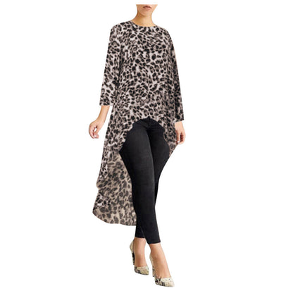 Leopard Print Long Sleeve Irregular Dress Women's Clothing