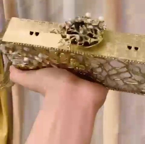 Turkish Handmade Clutch Bag – Crystal Embellished Evening Purse with Gold Floral Design, Beaded Tassel | Luxury Gift Bag for Weddings, Parties & Bridal Events