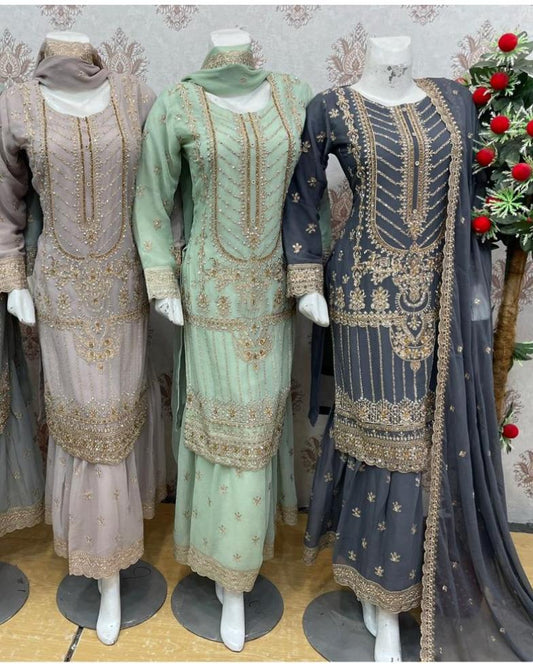 Premier 3-Piece Embroidered Chiffon Gharara Suit| Elegant Wedding & Party Wear Fabric Matching Outfit Shirt