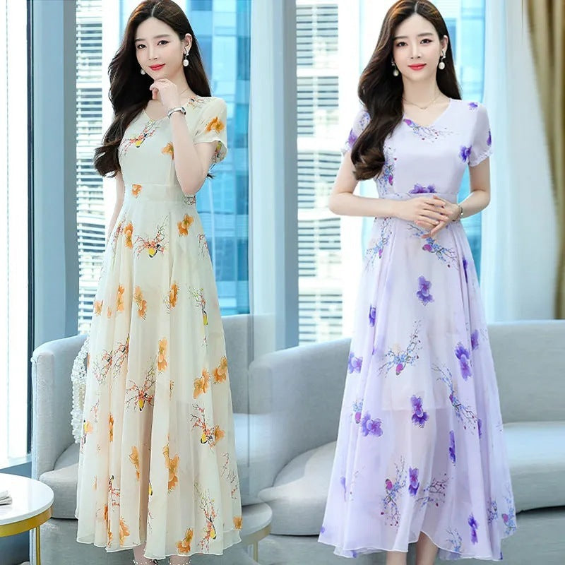 Short Sleeve V-neck Mid-length Dress Women's Waist Slimming Temperament Floral Skirt A-line Skirt Fashion