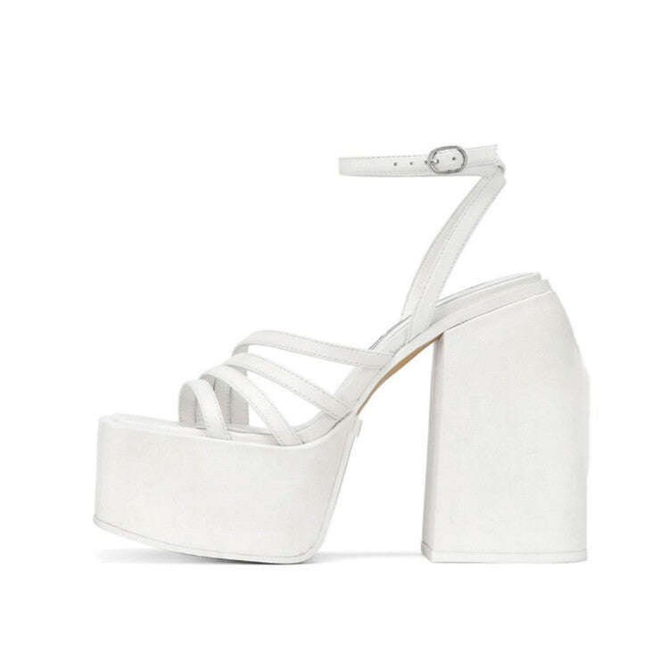 Square Toe Platform One-Line Solid Color Chunky Heeled High Heel Sandals