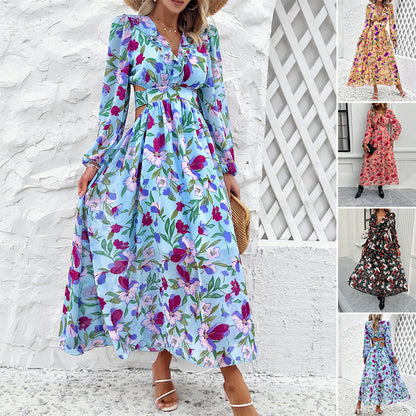 Fashion Florals Print Long Sleeve Dress Casual Holiday Tight-waisted V-neck Dresses Women Clothing