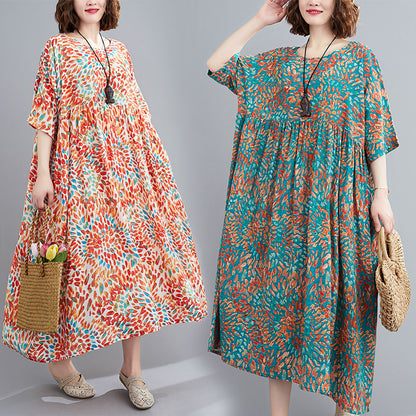 Summer New Artistic Large Size Loose Cotton And Linen Short Sleeve Printed Dress Women's Dress