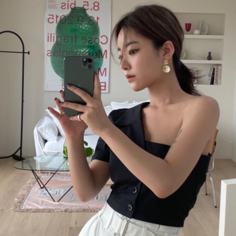 Summer Fashionable Irregular Off-shoulder Design Tube Top Single-breasted Shirt For Women