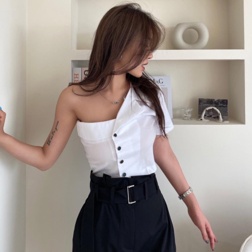 Summer Fashionable Irregular Off-shoulder Design Tube Top Single-breasted Shirt For Women