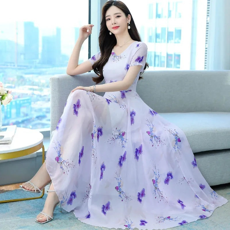 Short Sleeve V-neck Mid-length Dress Women's Waist Slimming Temperament Floral Skirt A-line Skirt Fashion