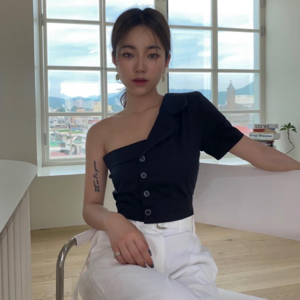 Summer Fashionable Irregular Off-shoulder Design Tube Top Single-breasted Shirt For Women