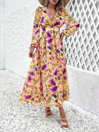 Fashion Florals Print Long Sleeve Dress Casual Holiday Tight-waisted V-neck Dresses Women Clothing