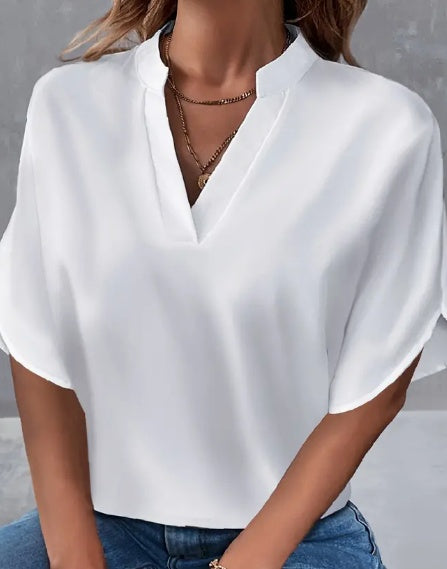 Lightweight Solid Colour Notch Neck Blouse - Stylish Short Split Sleeves For Spring & Summer - Trendy Women's Casual Top