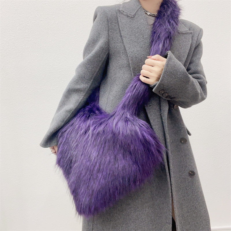 Winter Fleece Shoulder Bags Women Heart Shape Cross body Bag Plush Large Capacity Love Bag