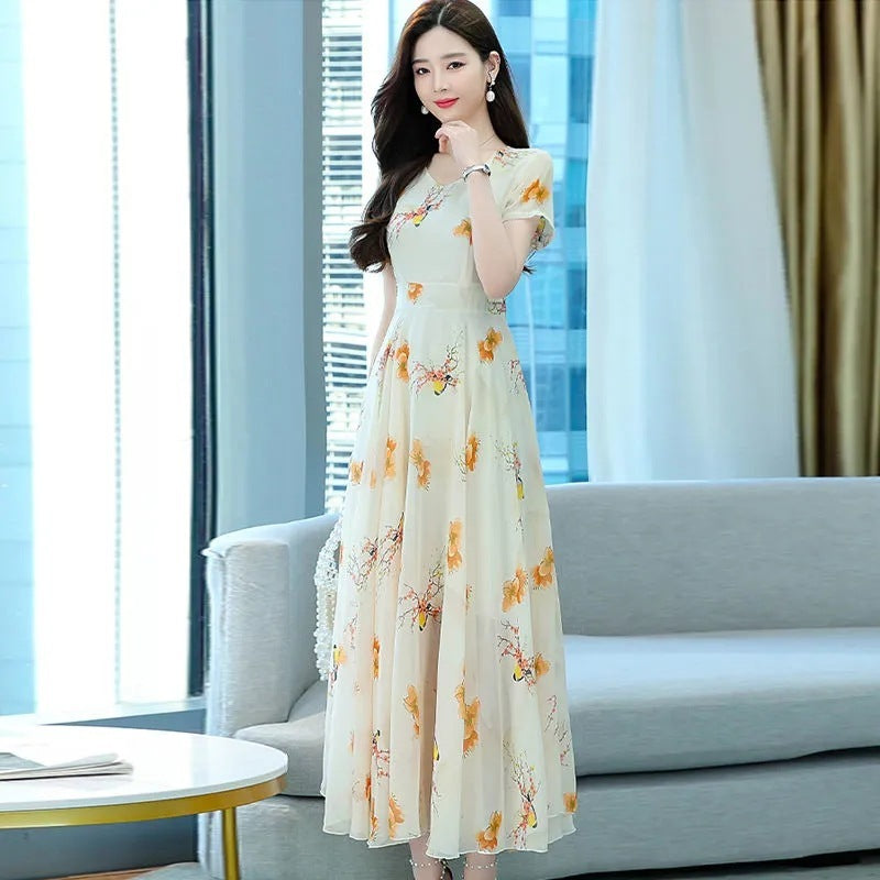 Short Sleeve V-neck Mid-length Dress Women's Waist Slimming Temperament Floral Skirt A-line Skirt Fashion