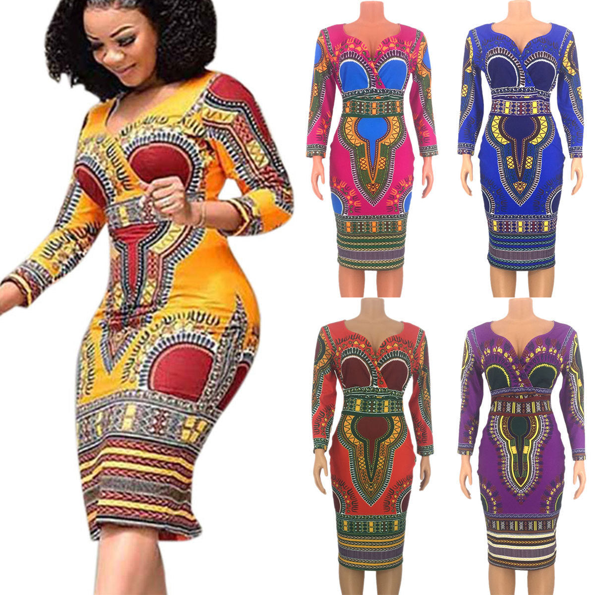 Summer V-neck 34 Sleeves Printed Slim-fit Sheath Dress European And American Large Size Fashion Women's Wear African Ethnic Style Dress